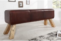 Banc 120 cm design en cuir marron avec piètement en bois massif