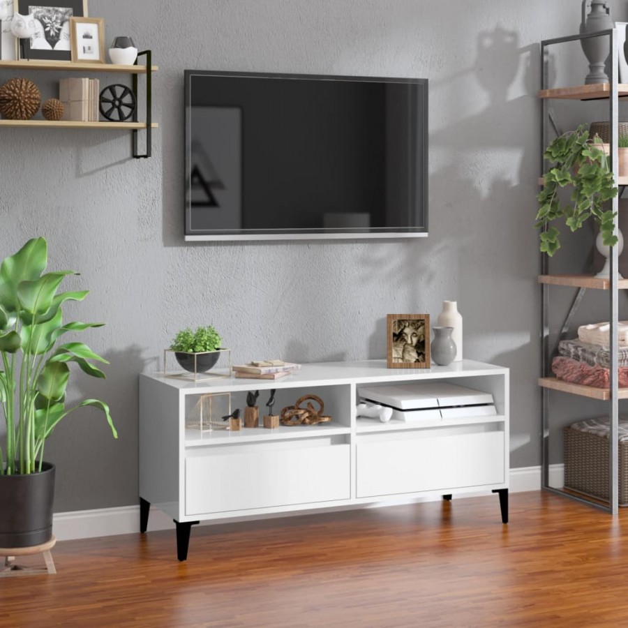 Meuble TV blanc brillant 100x34,5x44,5 cm bois d'ingénierie