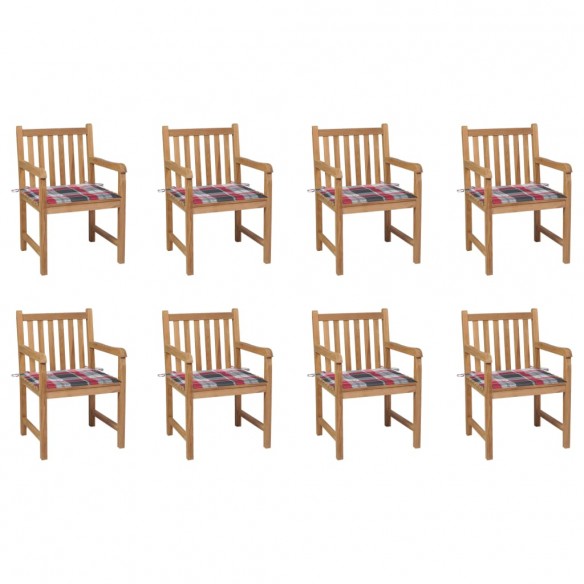 Chaises de jardin 8 pcs et coussins carreaux rouge Bois de teck