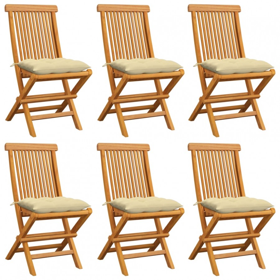 Chaises de jardin avec coussins blanc crème 6 pcs Teck massif