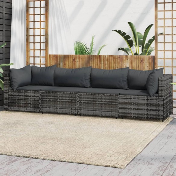 Salon de jardin 4 pcs avec coussins Gris Résine tressée