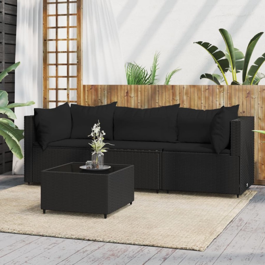 Salon de jardin 4 pcs avec coussins Noir Résine tressée