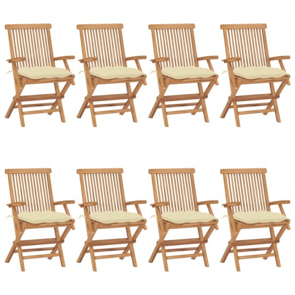 Chaises de jardin avec coussins blanc crème 8 pcs Teck massif