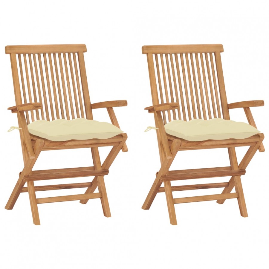 Chaises de jardin 2 pcs avec coussins blanc crème Teck massif