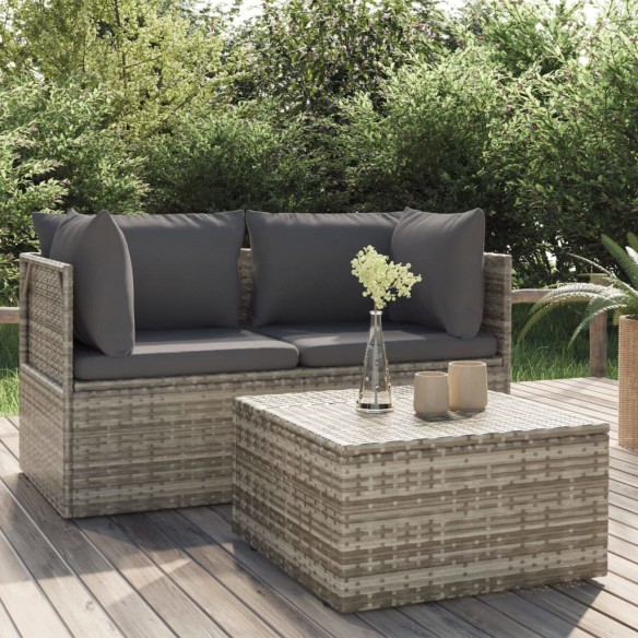 Salon de jardin 3 pcs avec coussins Gris Résine tressée