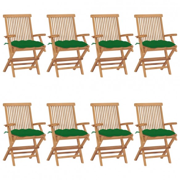 Chaises de jardin avec coussins vert 8 pcs Bois de teck massif