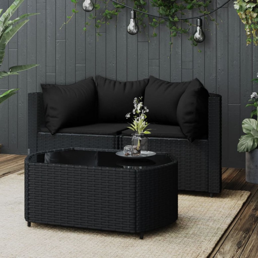 Salon de jardin 3 pcs avec coussins Noir Résine tressée