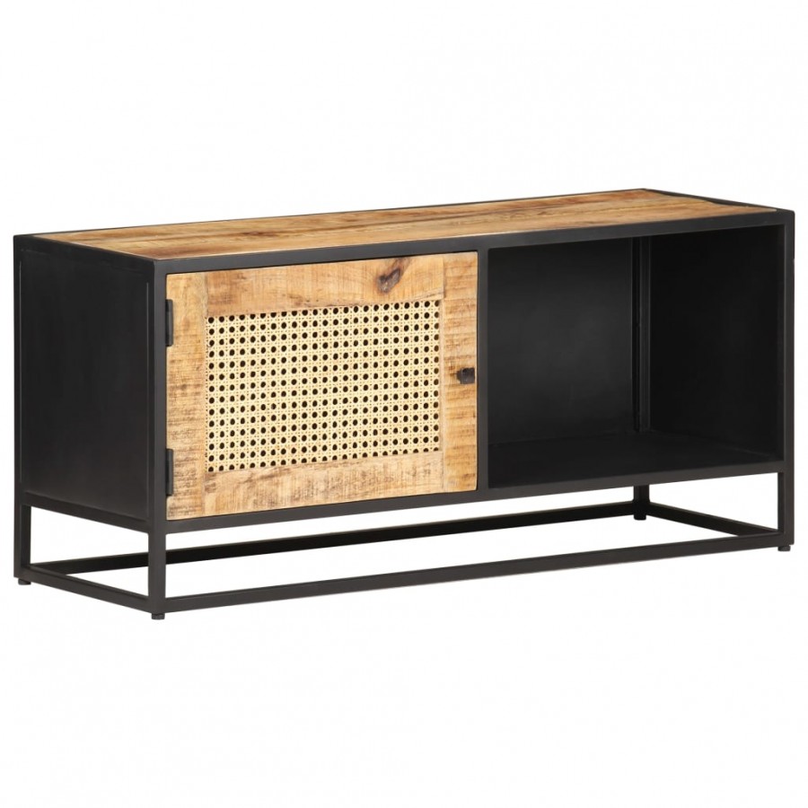 Meuble TV 90x30x40 cm Bois de manguier brut et canne naturelle