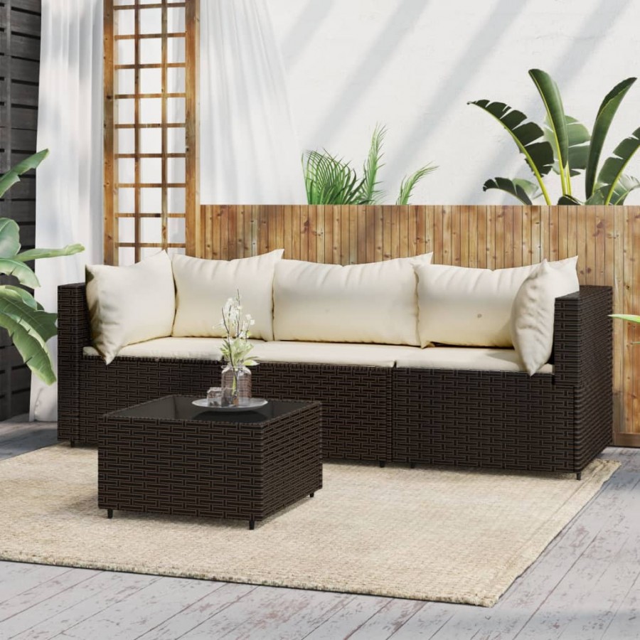 Salon de jardin 4 pcs avec coussins Marron Résine tressée