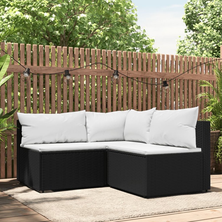 Salon de jardin 3 pcs avec coussins Noir Résine tressée