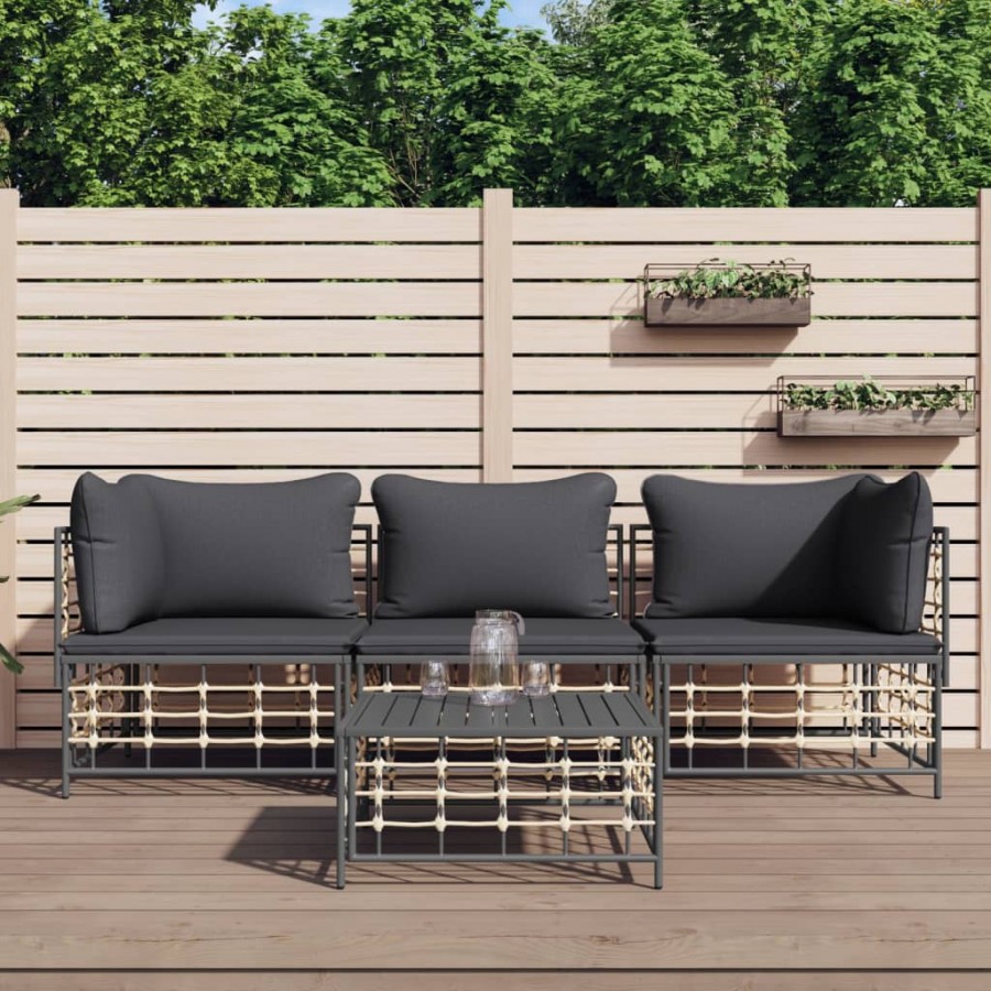 Salon de jardin 4 pcs avec coussins anthracite résine tressée