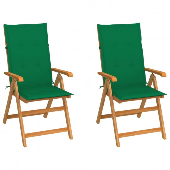 Chaises de jardin 2 pcs avec coussins vert Bois de teck massif