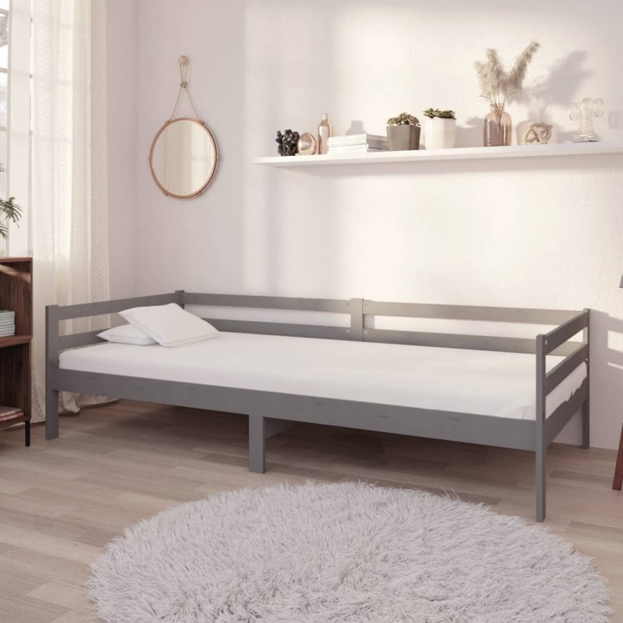 Lit de repos avec matelas 90x200 cm Gris Bois de pin massif