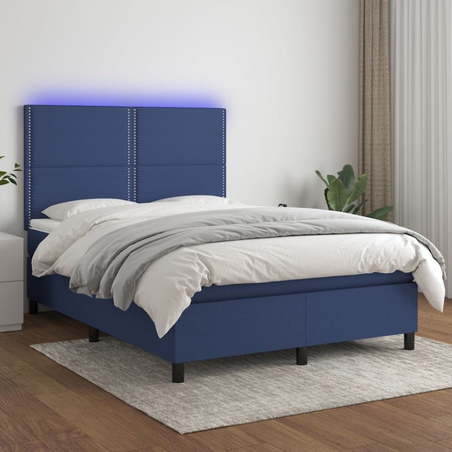 Cadre de lit et matelas et LED Bleu 140x200 cm Tissu