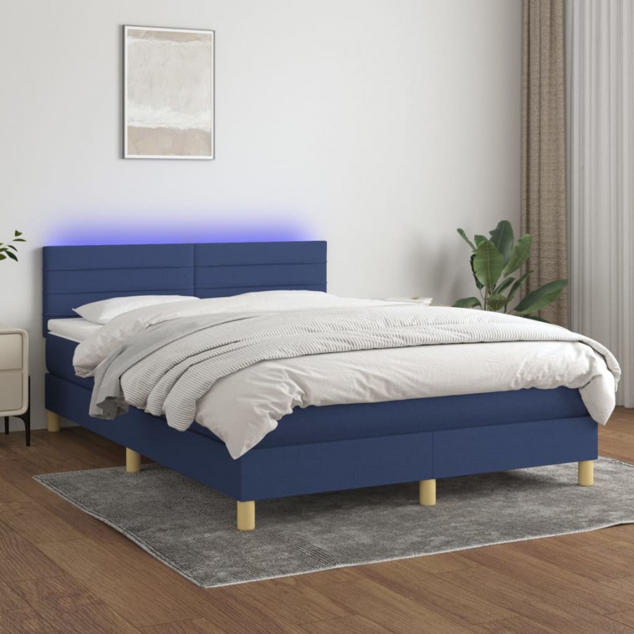 Cadre de lit avec matelas LED Bleu 140x190 cm Tissu