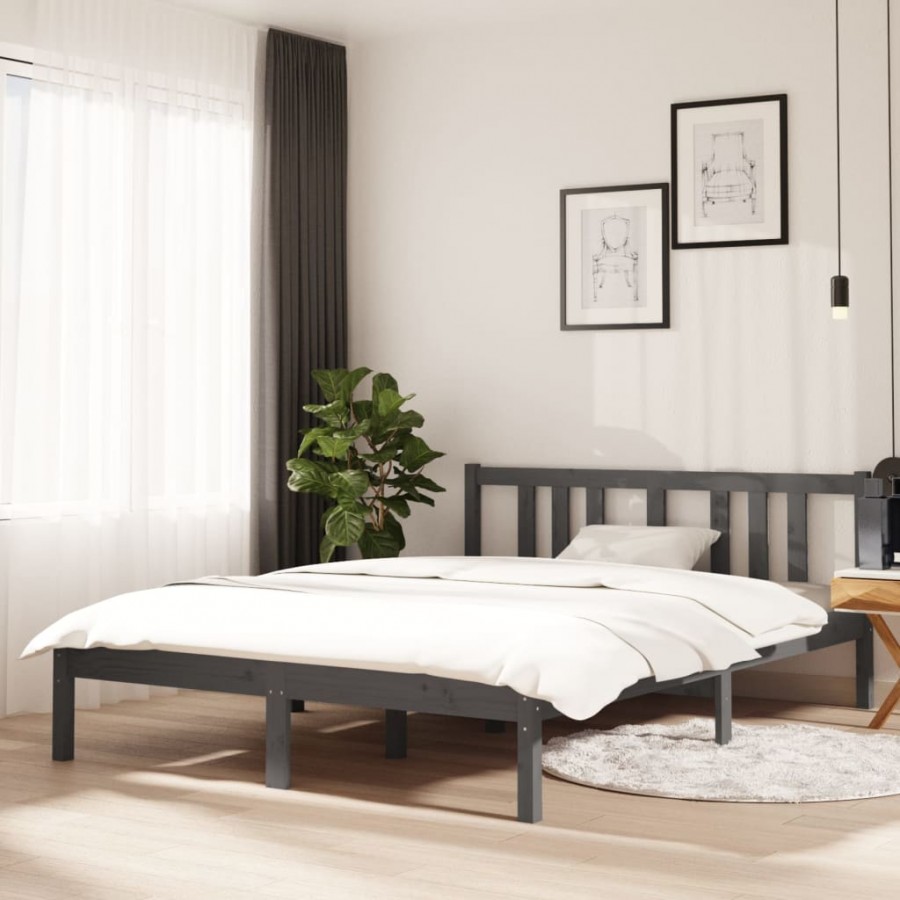 Cadre de lit Gris Bois massif 135x190 cm Double