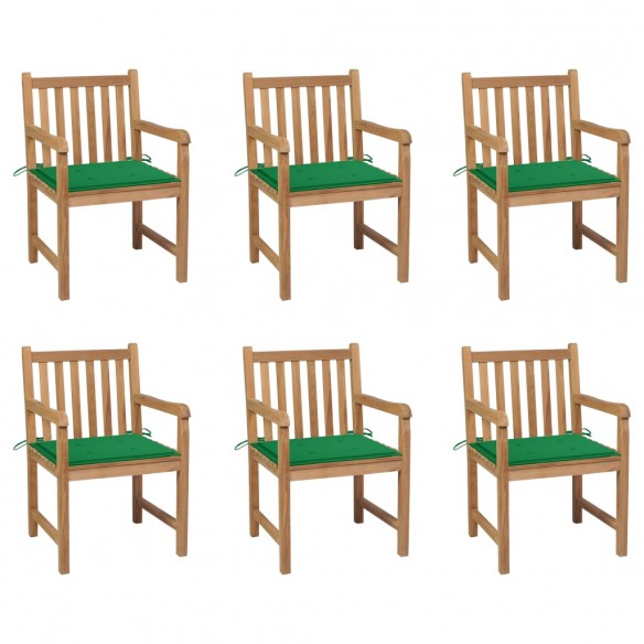 Chaises de jardin 6 pcs avec coussins vert Bois de teck massif