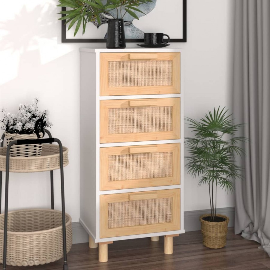 Buffet Blanc 40x30x90 cm Bois de pin massif et rotin naturel