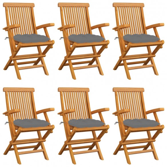 Chaises de jardin avec coussins gris 6 pcs Bois de teck massif