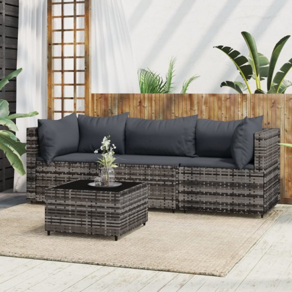 Salon de jardin 4 pcs avec coussins Gris Résine tressée