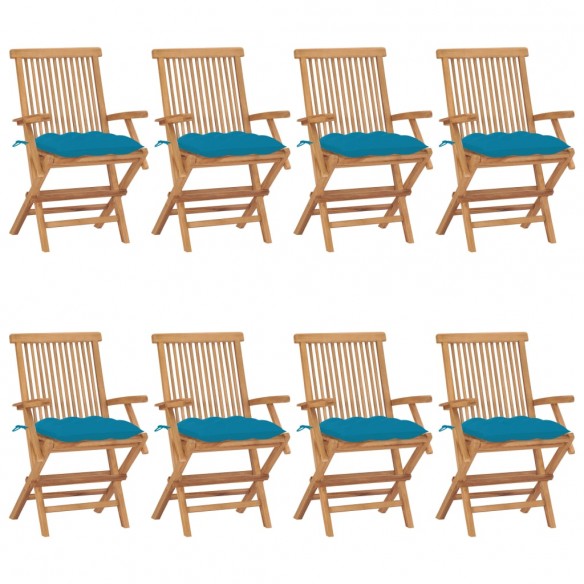 Chaises de jardin avec coussins bleu clair 8 pcs Teck massif