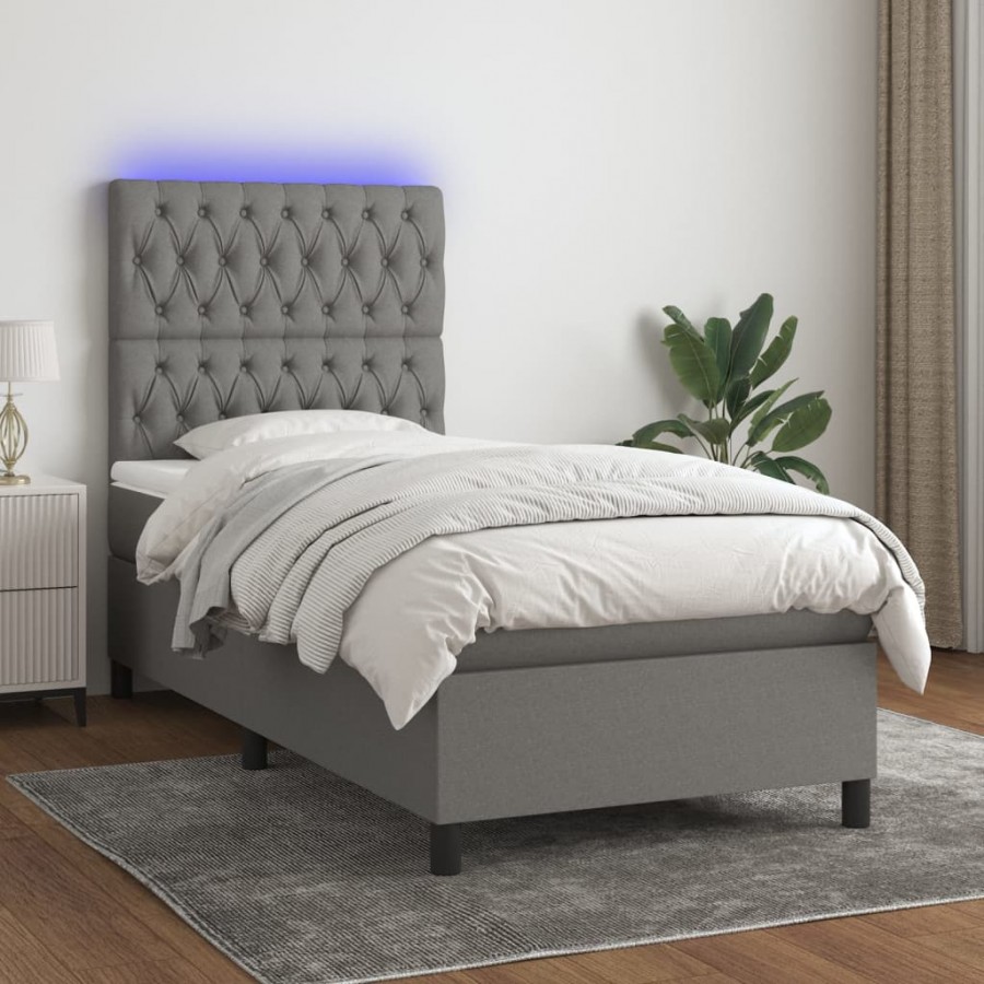 Cadre de lit avec matelas et LED Gris foncé 90x200cm