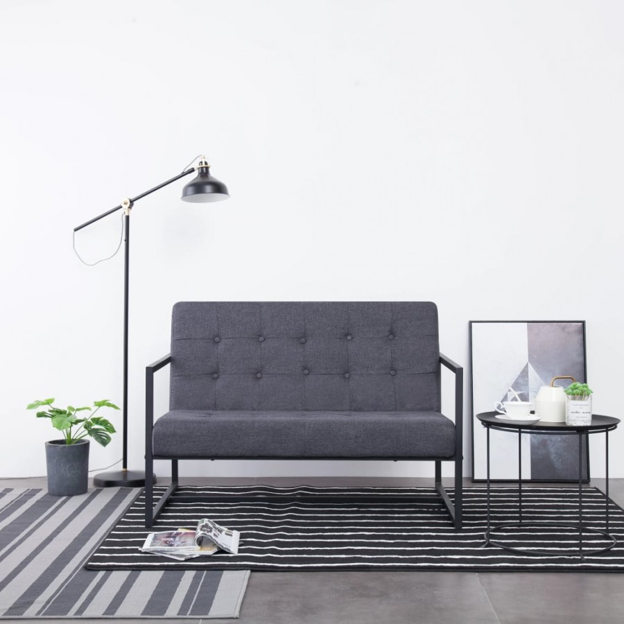 Sofa à 2 places avec accoudoirs Gris foncé Acier et tissu