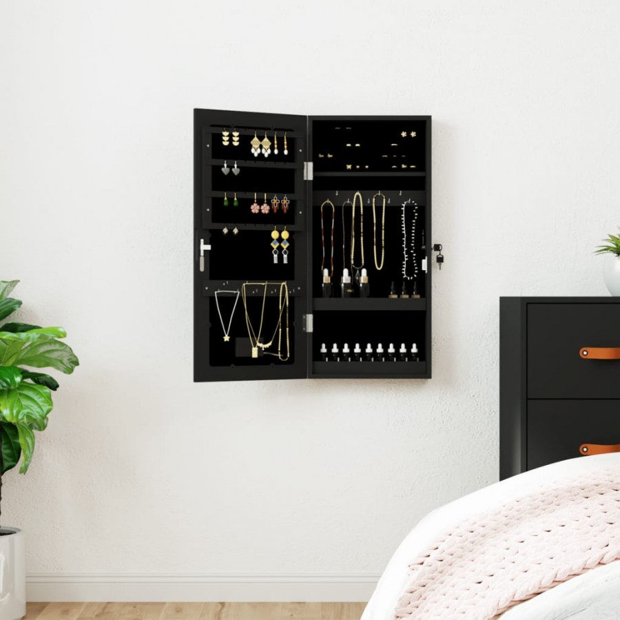 Armoire à bijoux avec miroir et éclairage LED mural noir