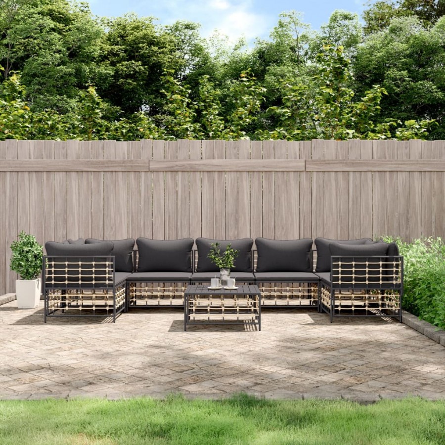 Salon de jardin 8 pcs avec coussins anthracite résine tressée