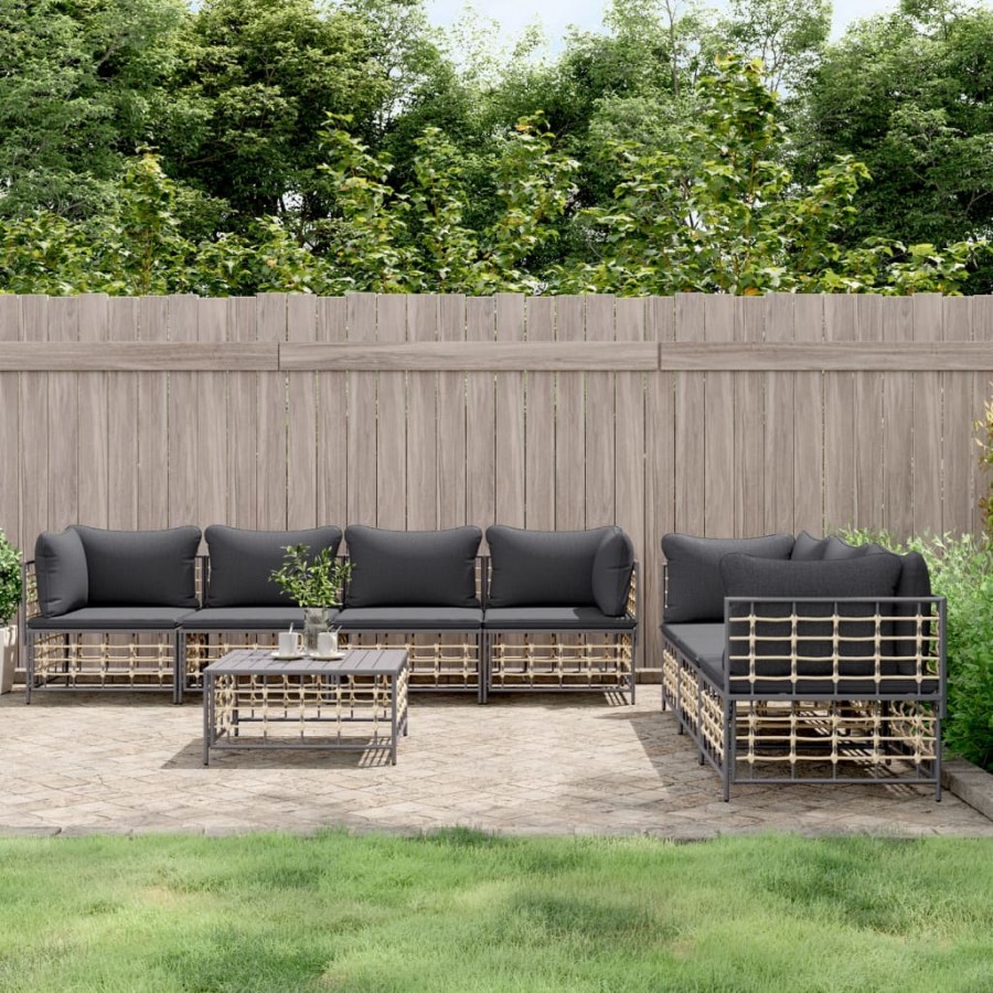 Salon de jardin 8 pcs avec coussins anthracite résine tressée