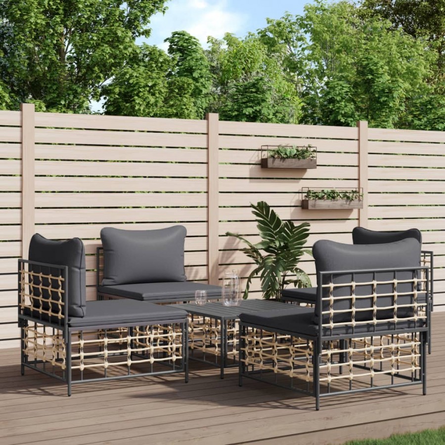 Salon de jardin 5 pcs avec coussins anthracite résine tressée