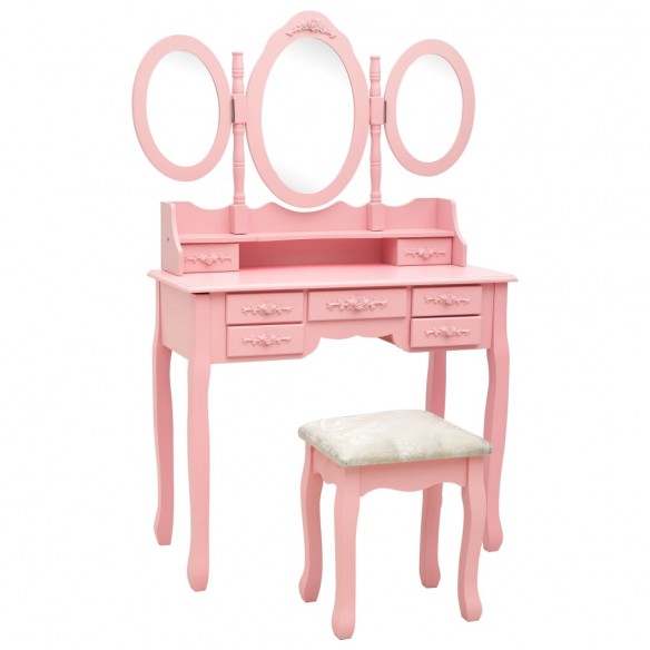 Coiffeuse avec tabouret et miroir pliable en 3 Rose