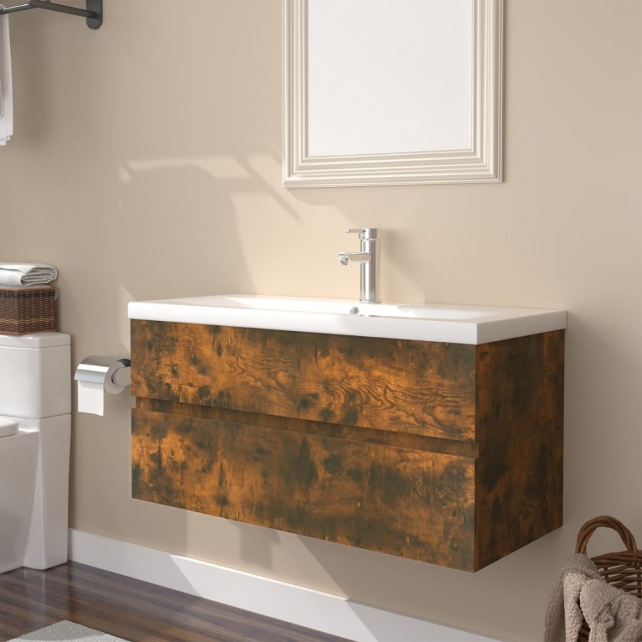 Meuble lavabo avec bassin intégré Chêne fumé Bois d'ingénierie