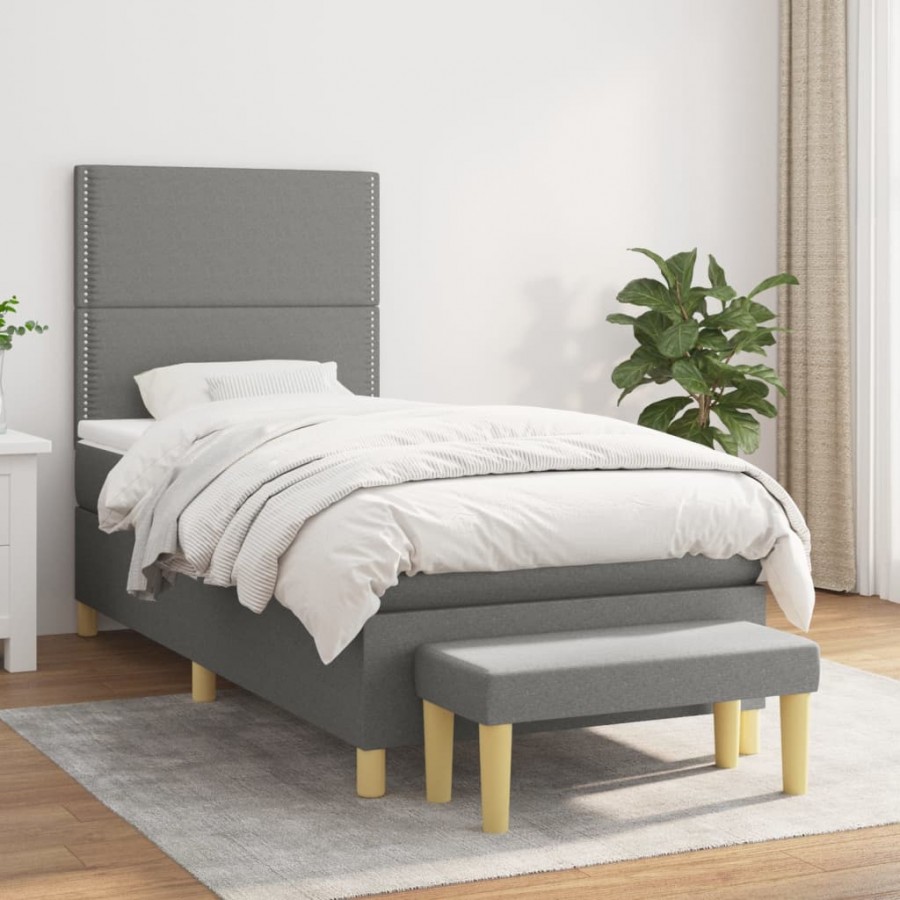 Cadre de lit avec matelas Gris foncé 90x200 cm Tissu