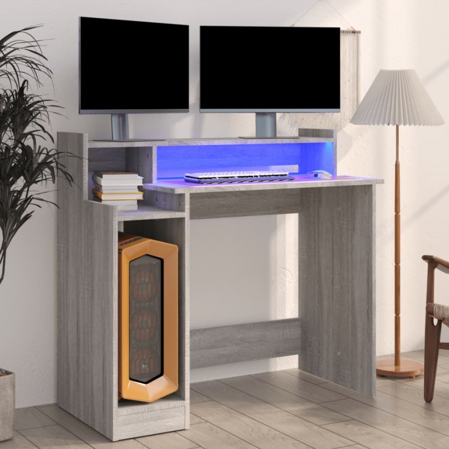 Bureau et lumières LED Sonoma gris 97x45x90cm Bois d'ingénierie