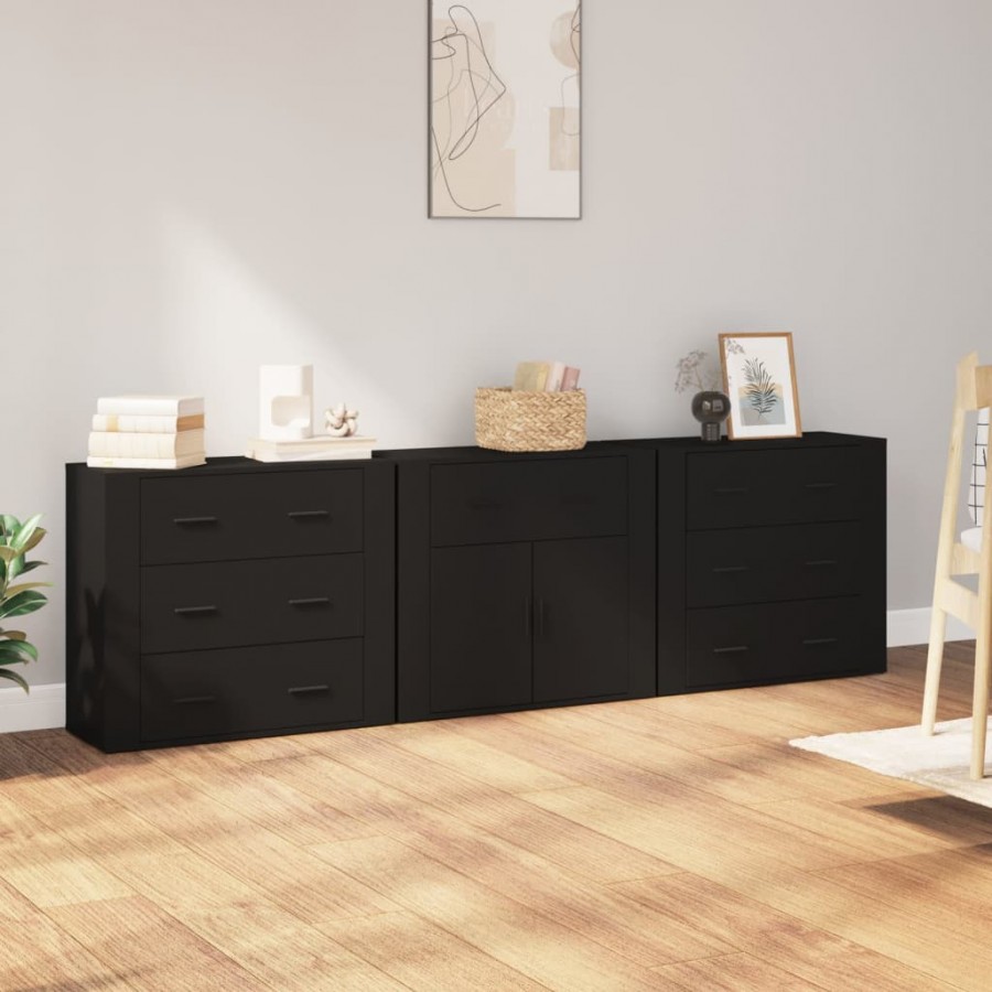 Buffets 3 pcs noir bois d'ingénierie