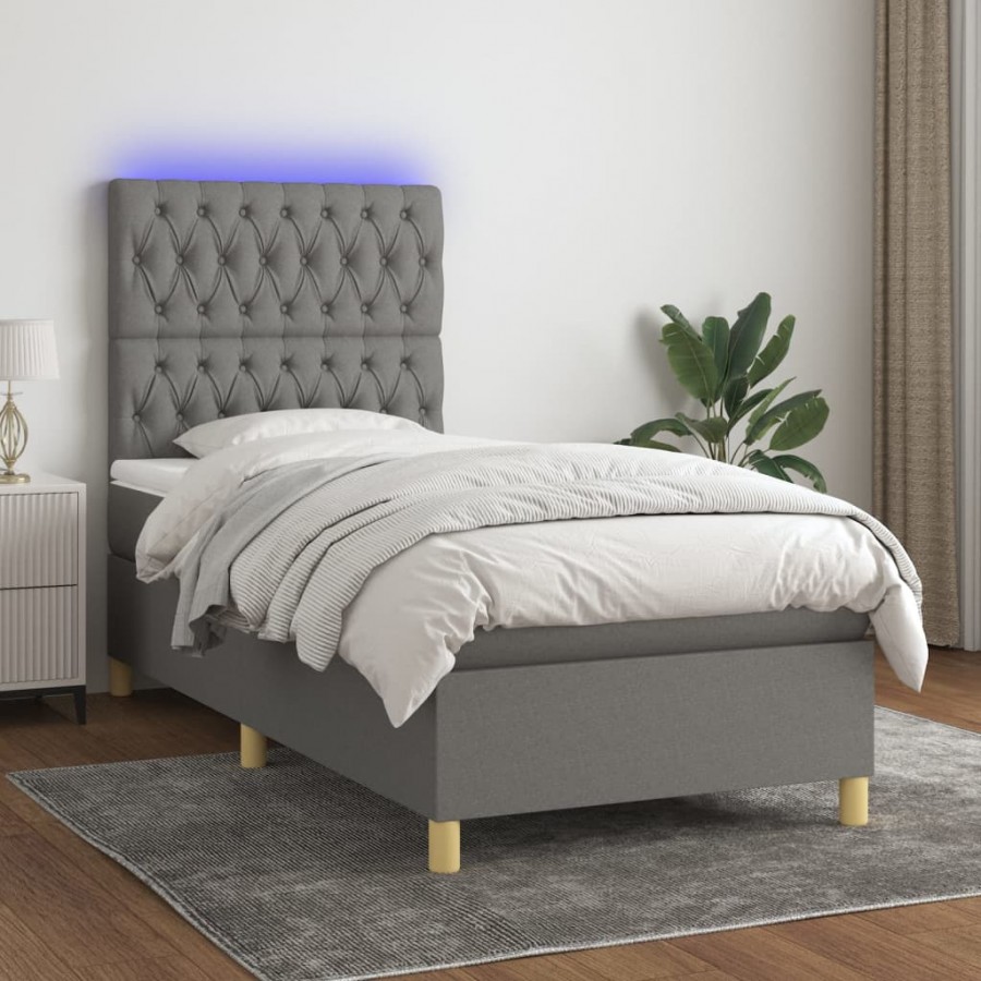 Cadre de lit et matelas et LED Gris foncé 100x200 cm