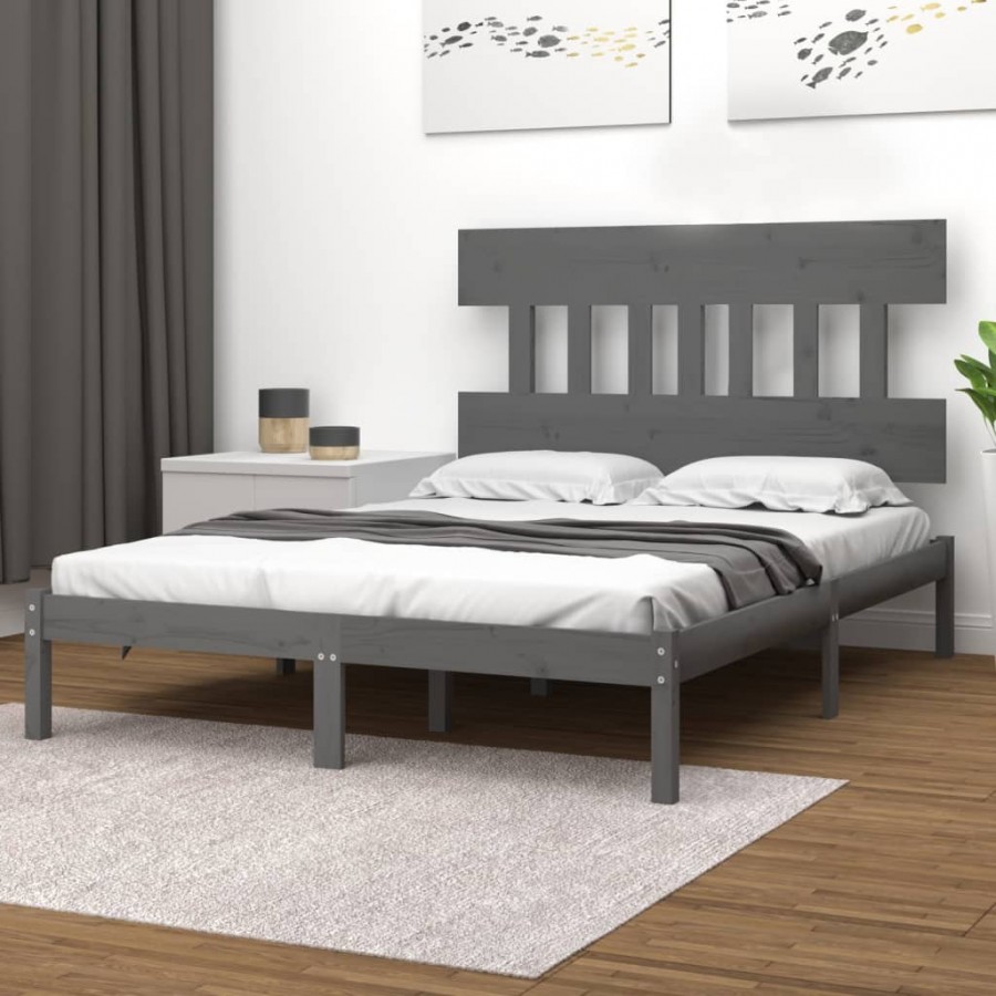 Cadre de lit Gris Bois massif 135x190 cm Double