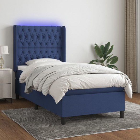 Cadre de lit matelas et LED Bleu 90x190 cm Tissu