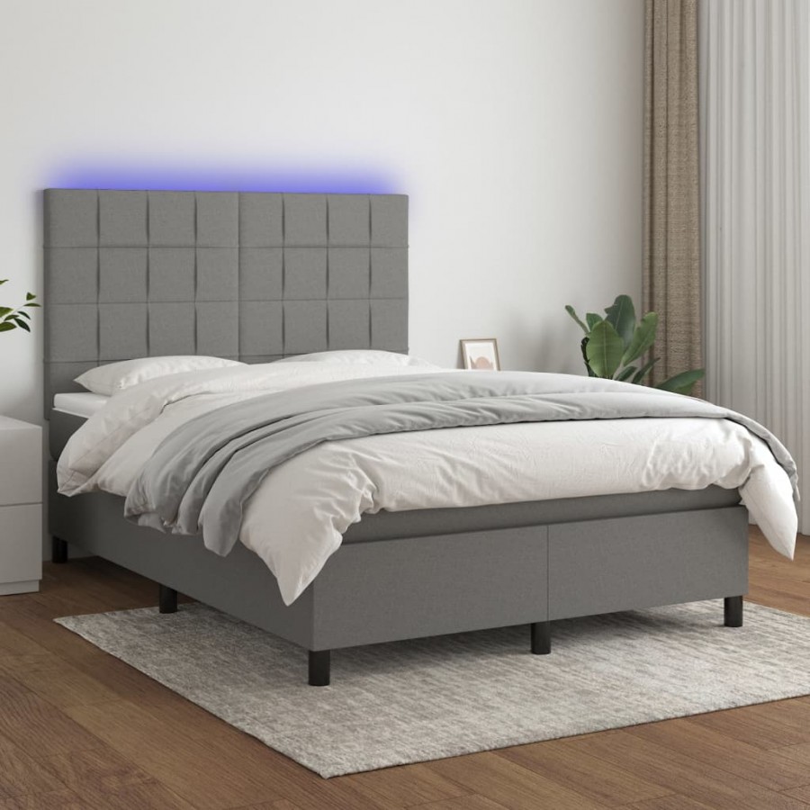 Cadre de lit et matelas et LED Gris foncé 140x190 cm