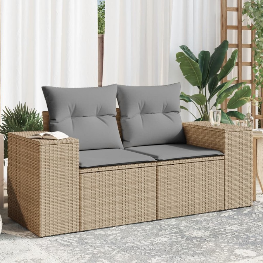 Canapé de jardin avec coussins 2 places beige résine tressée