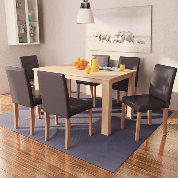 Table et chaises 7 pcs Cuir synthétique Chêne Marron