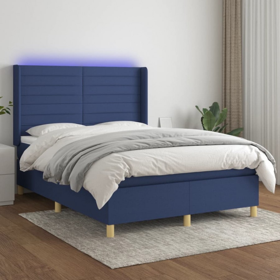 Cadre de lit matelas et LED Bleu 140x190 cm Tissu