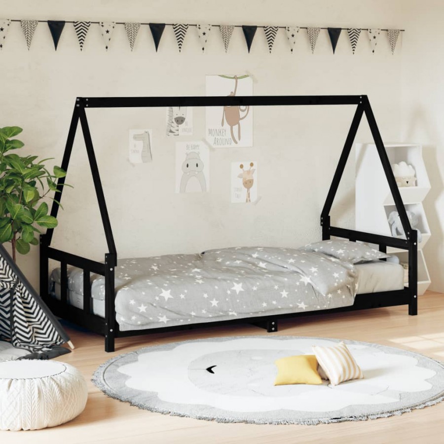 Cadre de lit pour enfants noir 90x190 cm bois de pin massif