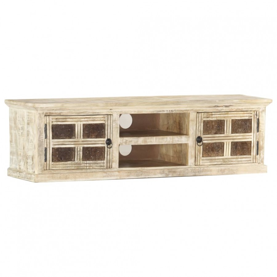 Meuble TV Blanc 130x30x36 cm Bois massif de manguier