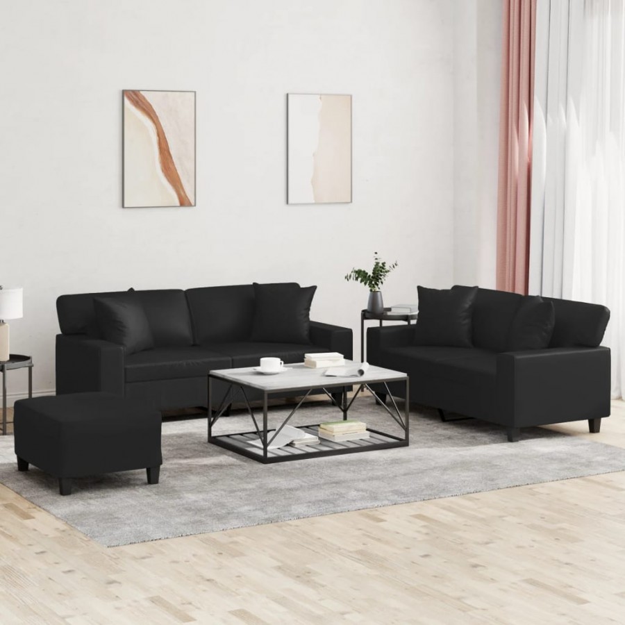 Ensemble de canapés 3 pcs avec coussins noir similicuir