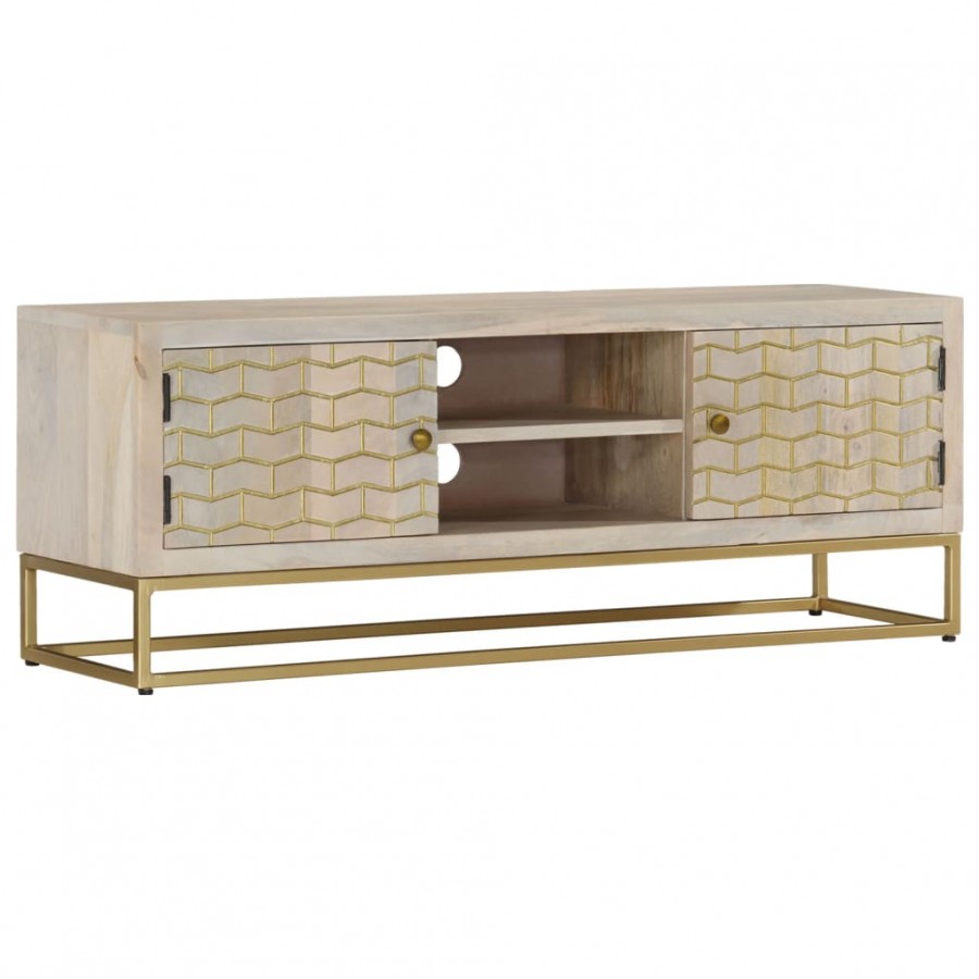 Meuble TV 110x30x40 cm bois de manguier massif blanchi