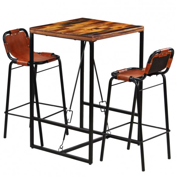 Ensemble de bar 3 pcs Bois massif recyclé et cuir de chèvre