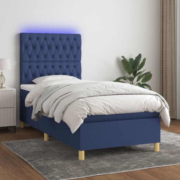 Cadre de lit et matelas et LED Bleu 90x200 cm Tissu