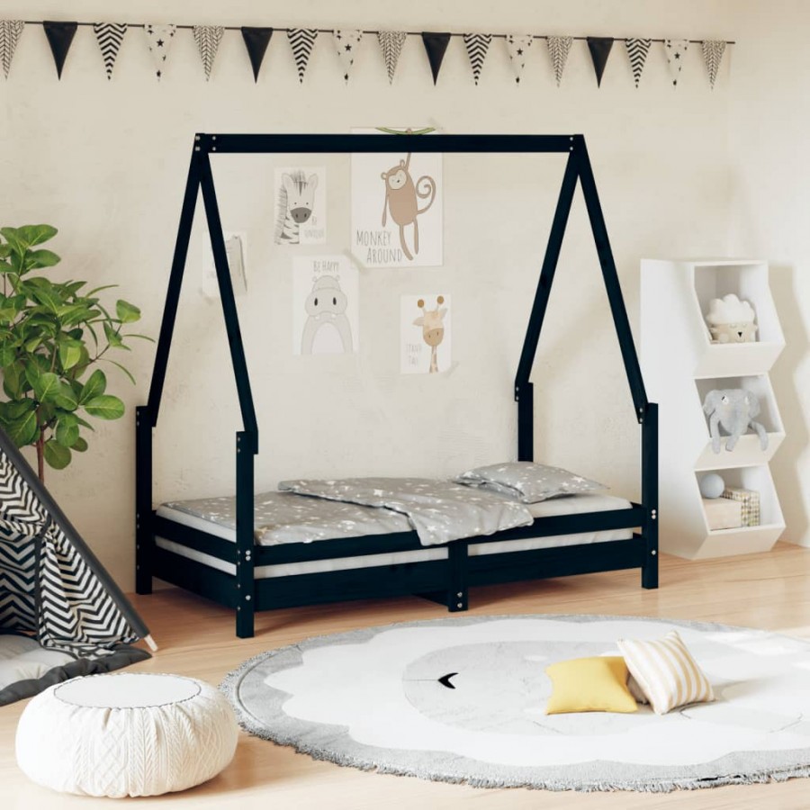 Cadre de lit pour enfant noir 70x140 cm bois de pin massif